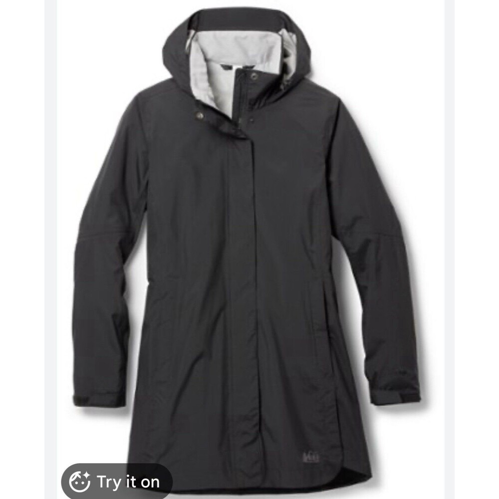 REI Women's Rainier Long Line Rain Jacket Black Medium See Photos!